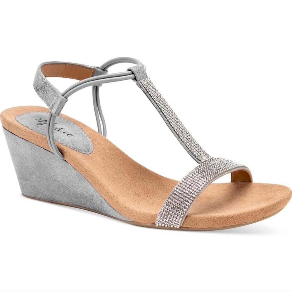 Style & Co Womens 12 Gray Metallic Wedge Heel T Strap Sandals Shoes NEW NIB